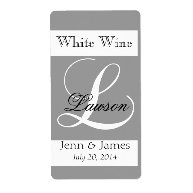 Wedding Wine Labels Silver Grey Monogram L (Front)