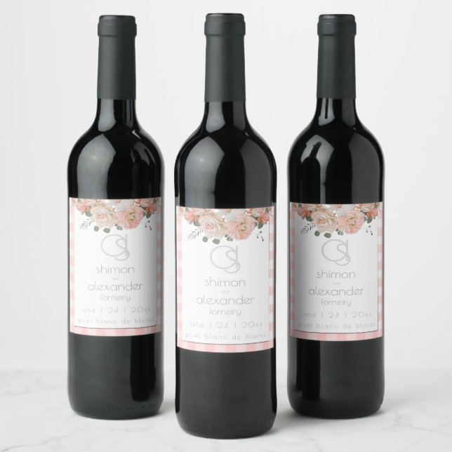 Wedding Wine | Monogram Coral Gingham Floral Label (Bottles)