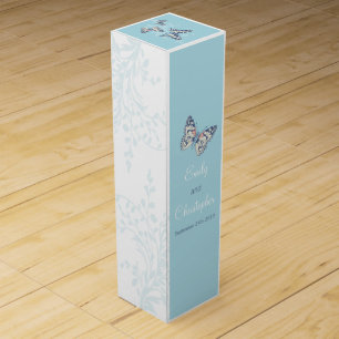 Wedding wine personalize butterflies blue cream wine box