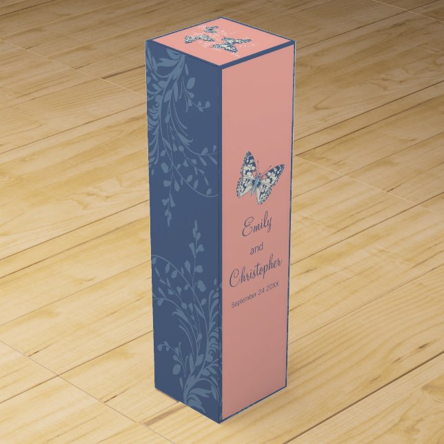 Wedding wine personalize butterflies dark coral box (Back)