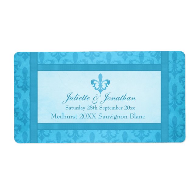 Wedding wine personalized label fleur de lis blue (Front)
