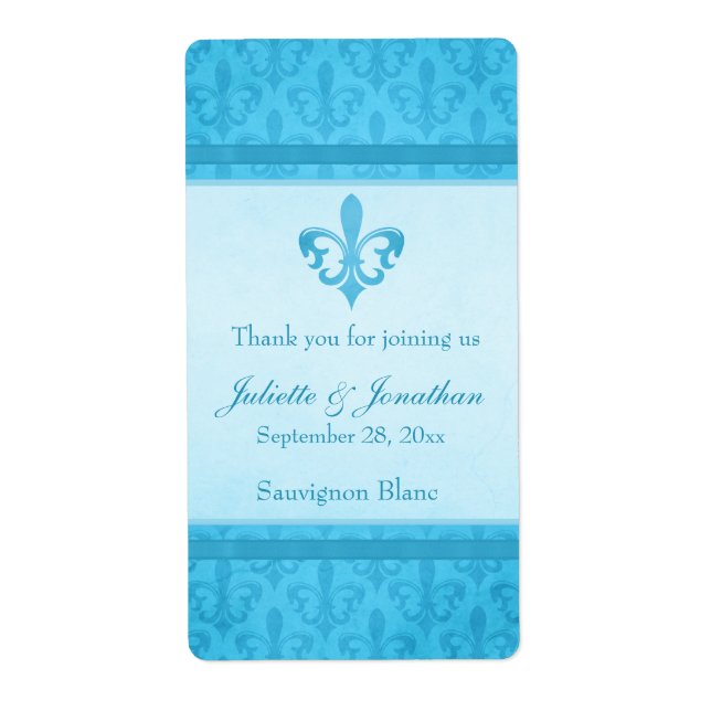Wedding wine personalized label fleur de lis blue (Front)
