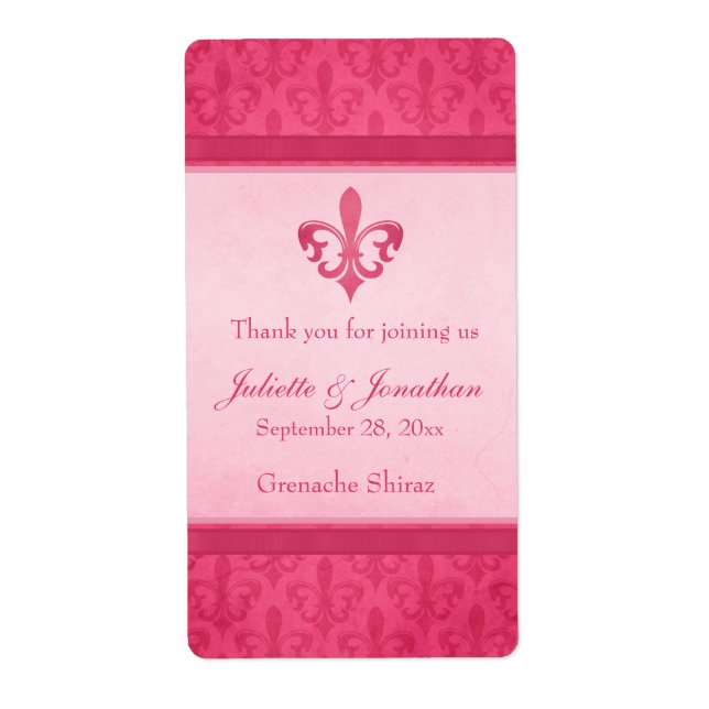 Wedding wine personalized label fleur de lis pink (Front)