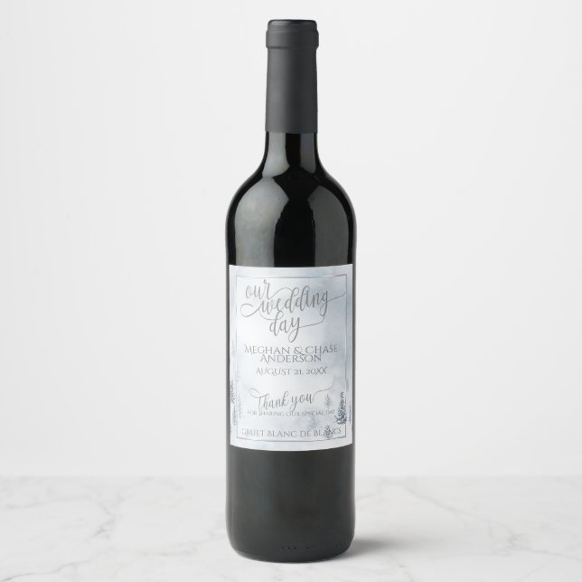 Wedding Wine  |  Silver Blue Winter Wonderland Wine Label (Front)