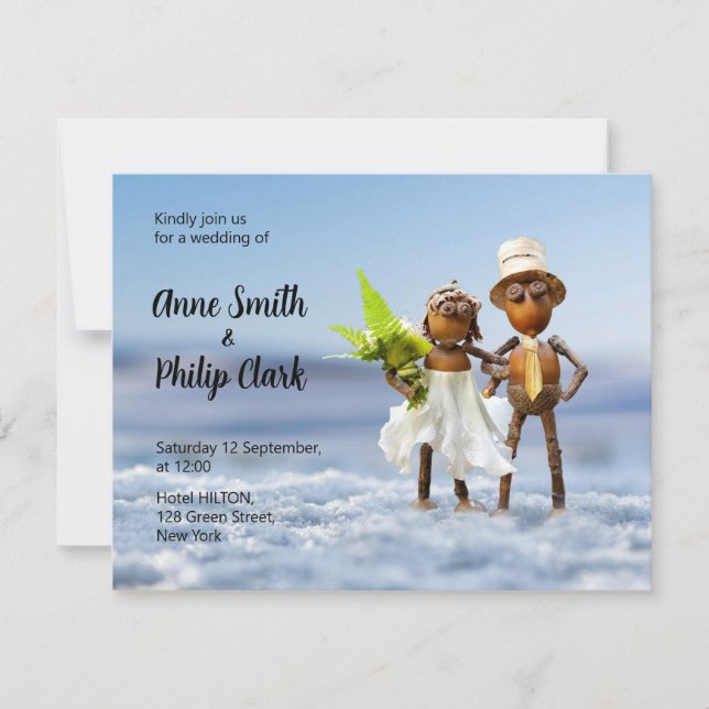 Wedding winter invitation with Acorn elves in love (Front)