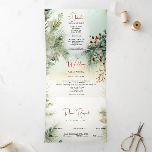 Wedding  Winter Watercolor Greenery  Tri_Fold Invitation