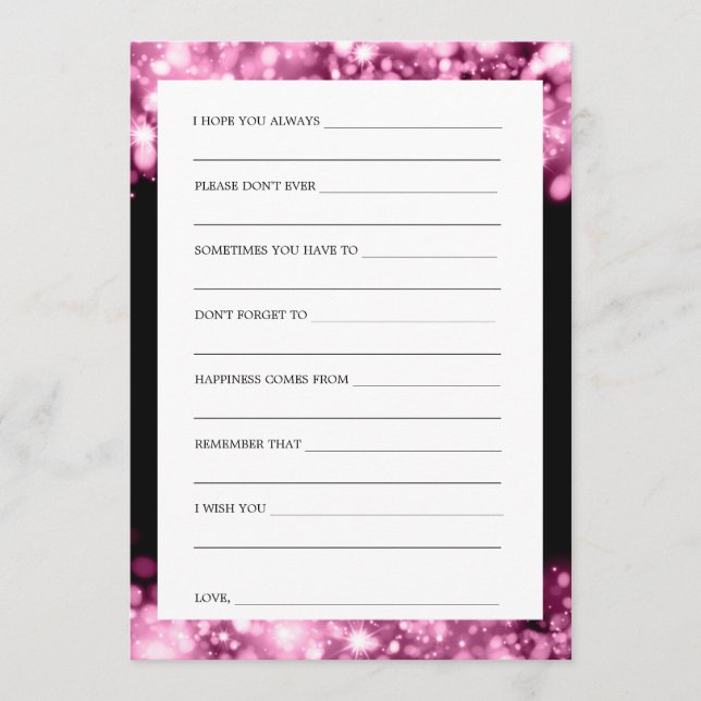 Wedding Wishes Pink Sparkling Lights Advice Card (Front)