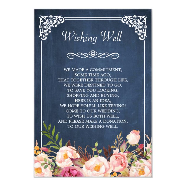 Wedding Wishing Well Blue Chalkboard Pink Floral Card