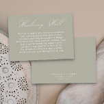 Wedding Wishing Well Calligraphy Script Sage Green Enclosure Card<br><div class="desc">Modern wedding wishing well insert card with elegant script calligraphy and editable poem. Minimalist yet striking design in sage green and white. Coordinating invitations, stationery and day of event decor can be found in my Wedding Colors collection. If you would like different colors or additional templates for matching products, please...</div>