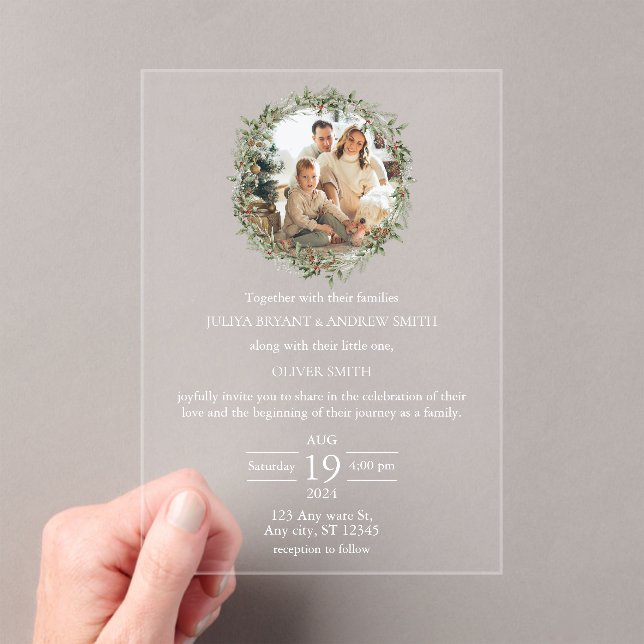 Wedding with a child green photo wedding acrylic invitations (Insitu (Handheld))