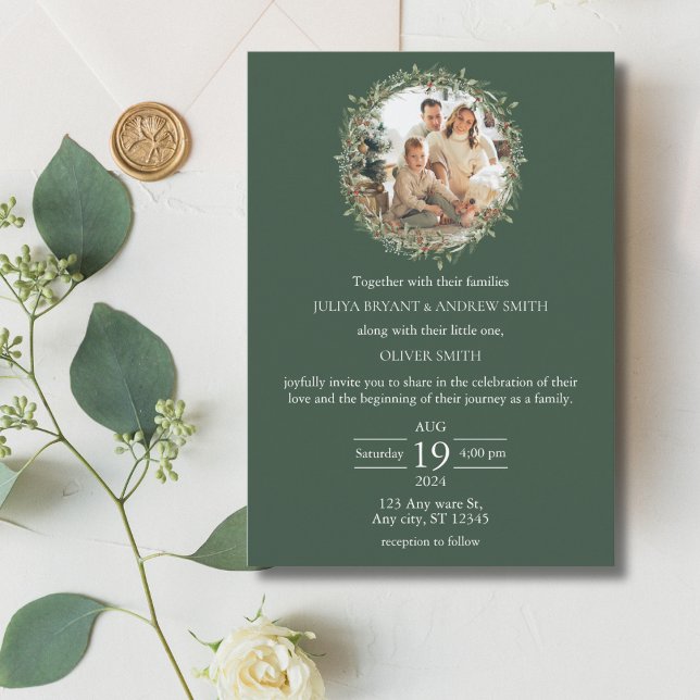 Wedding with a child green photo wedding invitation (Creator Uploaded)