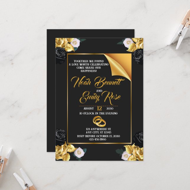 Wedding with roses and golden rings invitation (Front/Back In Situ)