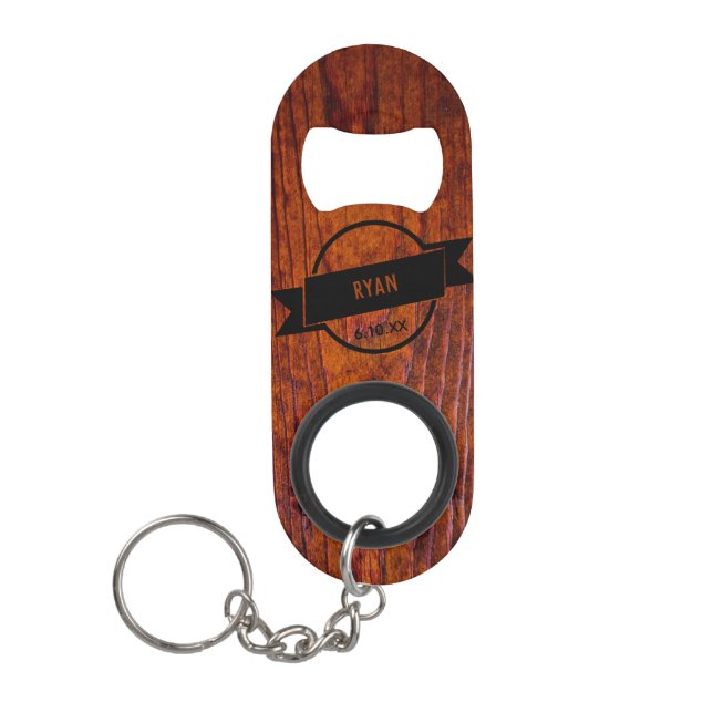 Wedding Wood Grain Logo Monogrammed Best Man Keychain Bottle Opener (Front)