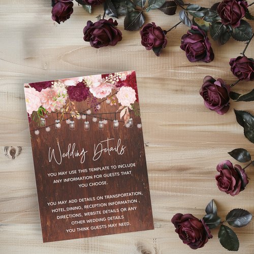 Wedding Wood Mason Jar Burgundy Details Reception Enclosure Card