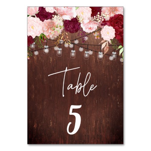 Wedding Wood Mason Jar Burgundy Flower Lights Table Number