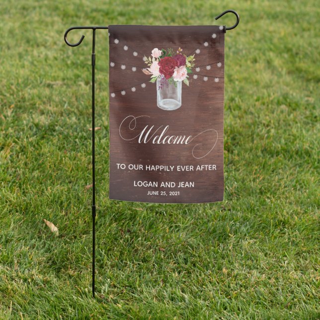 Wedding Wood Rustic Mason Jar Welcome Lights Garden Flag (In SItu)
