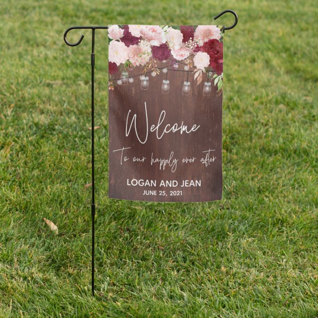 Wedding Wood Rustic Mason Jar Welcome Lights Garden Flag (In SItu)