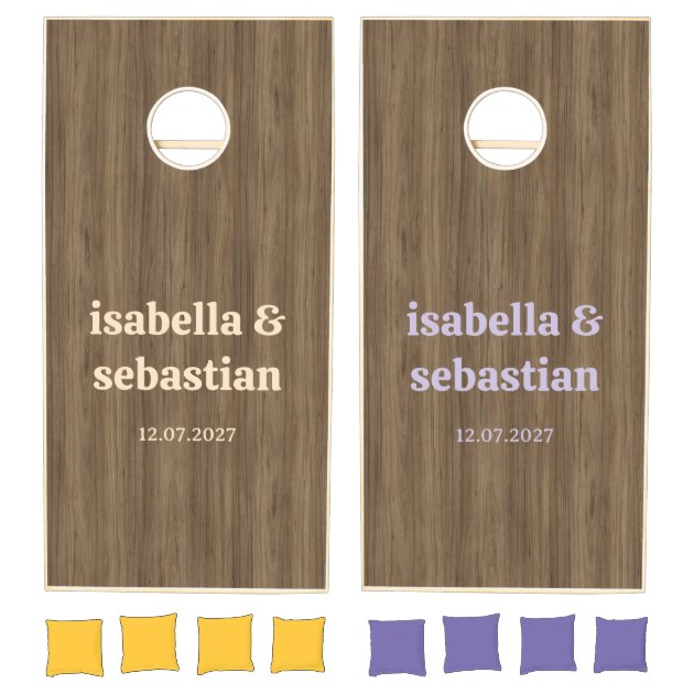 Wedding wooden yellow purple rustic retro monogram cornhole set