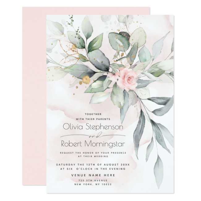 Wedding | Woodland Greenery Boho Pink Rose Invitation