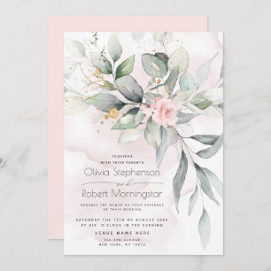 Wedding Woodland Greenery Boho Pink Rose Invitation