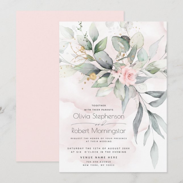 Wedding | Woodland Greenery Boho Pink Rose Invitation (Front/Back)