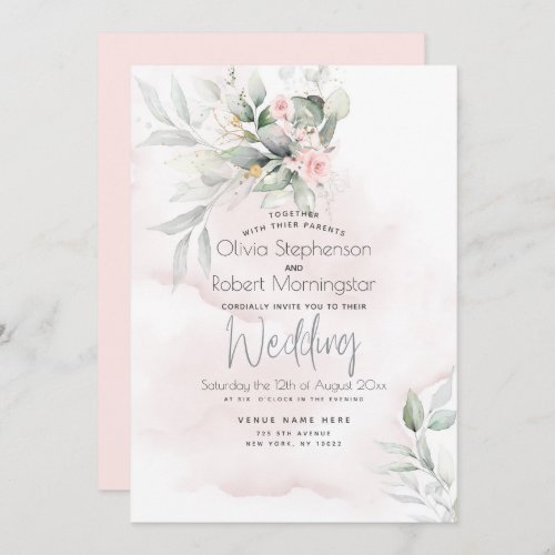 Wedding  Woodland Greenery Pale Pink Rose Invitation