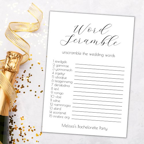 Wedding Word Scramble Bachelorette Party Game Card