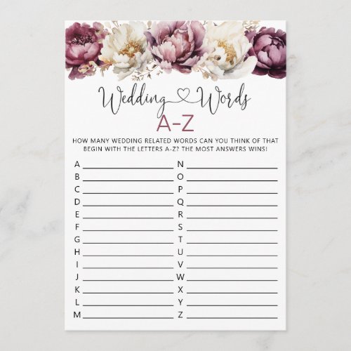 Wedding Words A_Z Bridal Shower Game Card