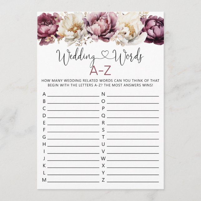 Wedding Words A-Z Bridal Shower Game Card (Front)