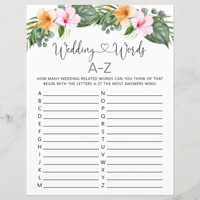 Wedding Words A-Z Bridal Shower Game Sheet (Front)