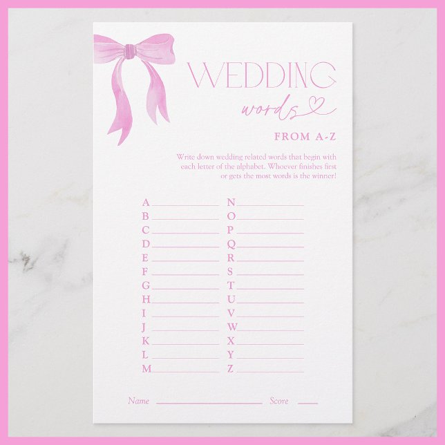 Wedding Words From A-Z Pink Bow Bridal Shower Game (Creator Uploaded)