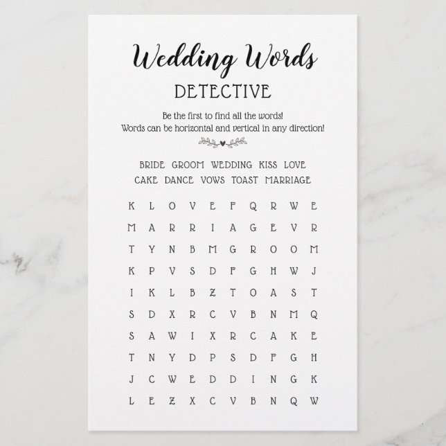 Wedding words Search Table Game Fun Calligraphy (Front)