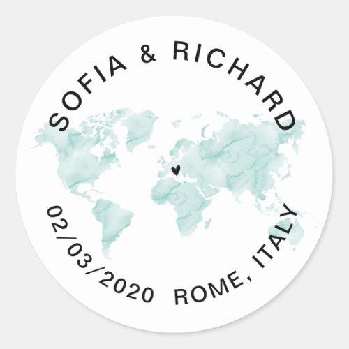 Wedding World Map Watercolor Removable Heart Classic Round Sticker