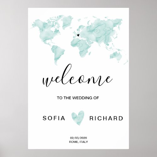 Wedding  World Map Watercolor Removable Heart Post Poster