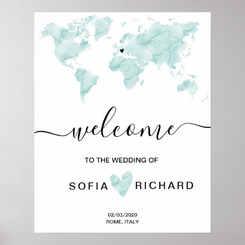 Wedding  World Map Watercolor Removable Heart Poster