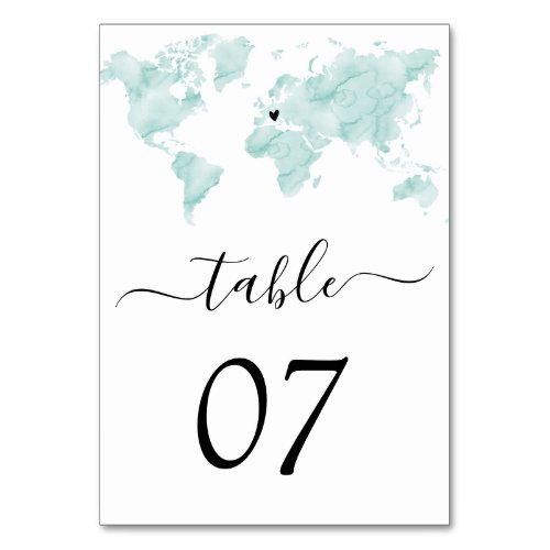 Wedding  World Map Watercolor Removable Heart Table Number