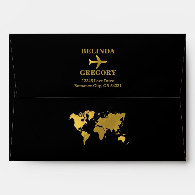Wedding World Passport Black Gold Invite Envelope (Back (Top Flap))