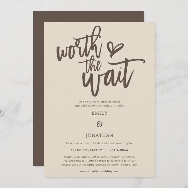 Wedding Worth the Wait Script Cream Brown Save The Date (Front/Back)