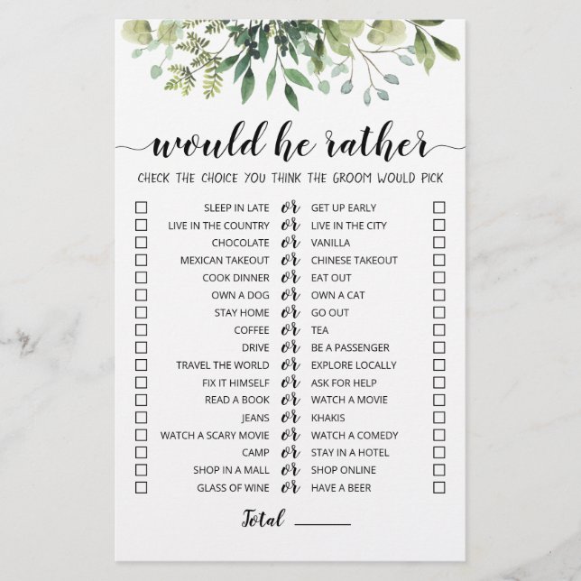 Wedding Would He Rather editable game (Front)