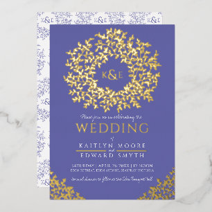 wedding wreath leaves foil invitation