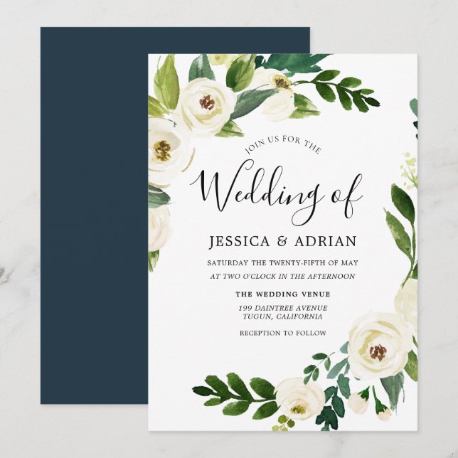 Wedding Wreath White Flower Green Leaf Invite (Front/Back)
