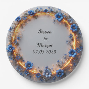 Wedding Wreath with Blue Flowers and Glowing Light Paper Plates