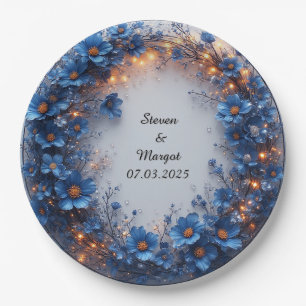 Wedding Wreath with Blue Flowers and Glowing Light Paper Plates