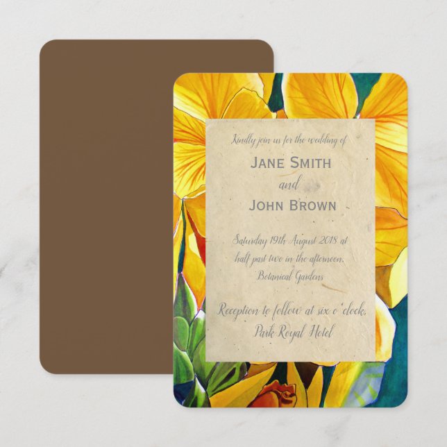 Wedding yellow flowers watercolour art rustic invitation (Front/Back)