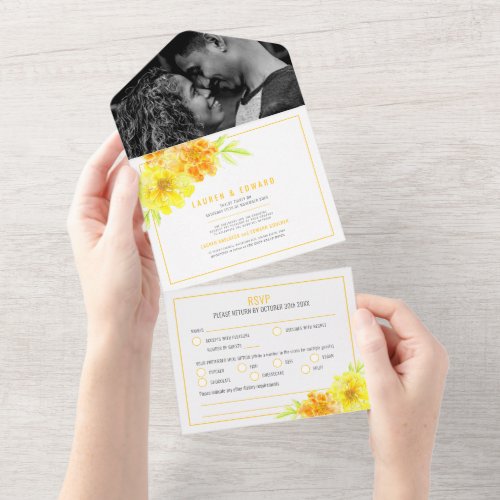 Wedding yellow marigold flowers watercolor  all in one invitation