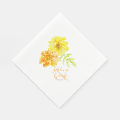 Wedding yellow marigolds watercolor paper napkin