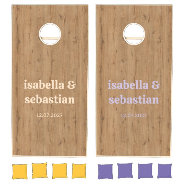Wedding yellow purple rustic retro monogram cornhole set