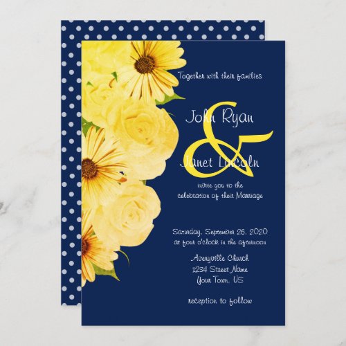 Wedding Yellow Roses  Daisies on Dark Blue Invitation