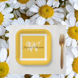 Wedding Yellow & White Chic Script Monogram Name Paper Plates