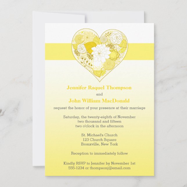 Wedding | Yellow, White | Ombre | Floral | Heart Invitation (Front)